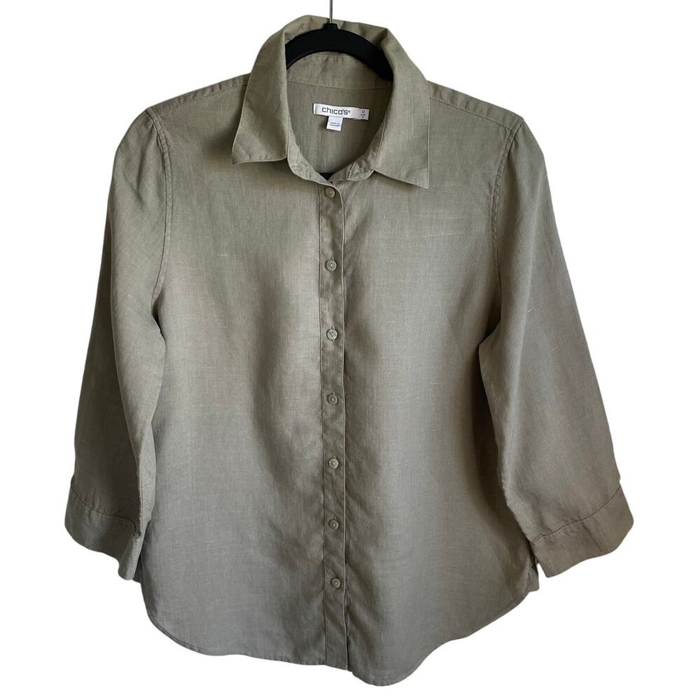 Chico’s 100% Linen Button Up Blouse Sz 0 (US 4) 3/4 Sleeves Olive Minimalist